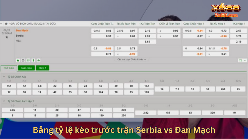 Bảng tỷ lệ kèo nhà cái trận đối đầu giữa Đan Mạch vs Serbia