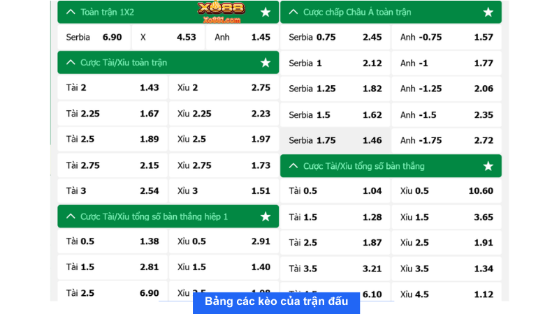 Bảng các kèo của trận đấu giữa Serbia vs Anh