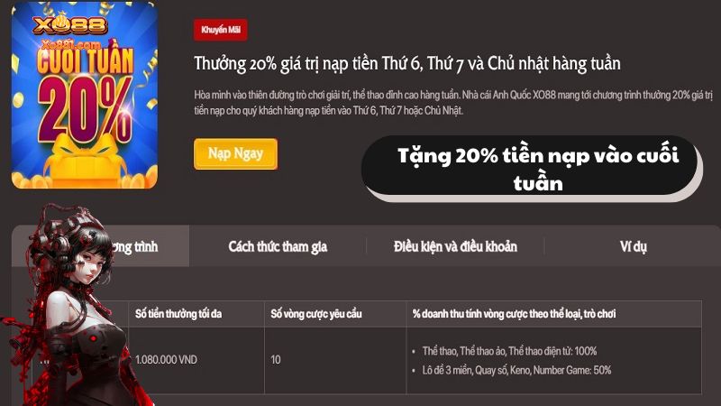 Các quy định tặng 20% tiền nạp vào cuối tuần XO88